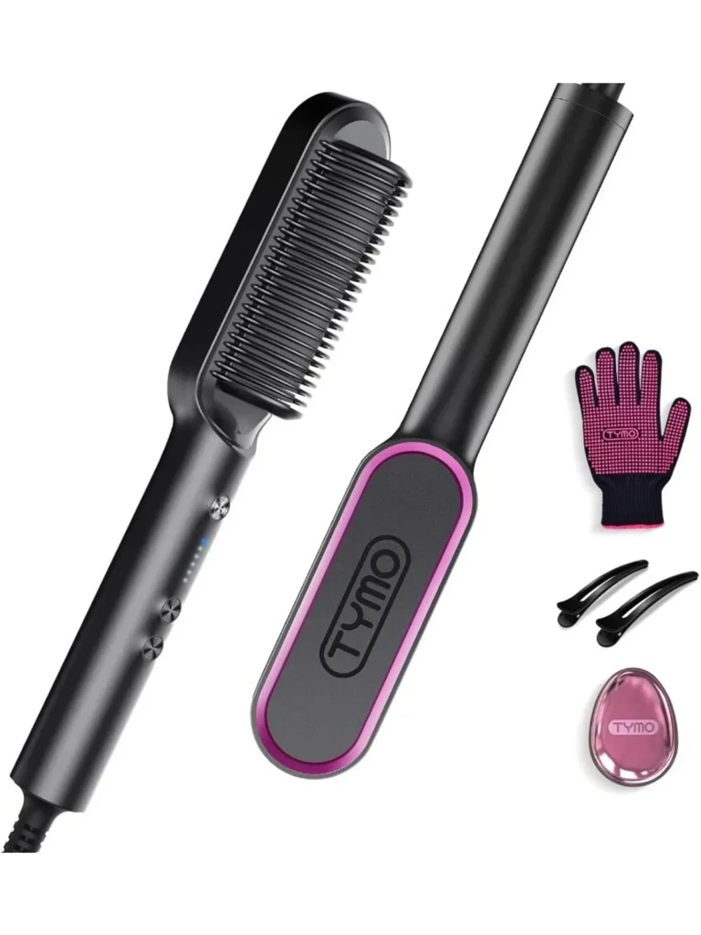 Hair Straightener Brush Comb - Fast Heating, 5 Temp Settings, Dual Voltage